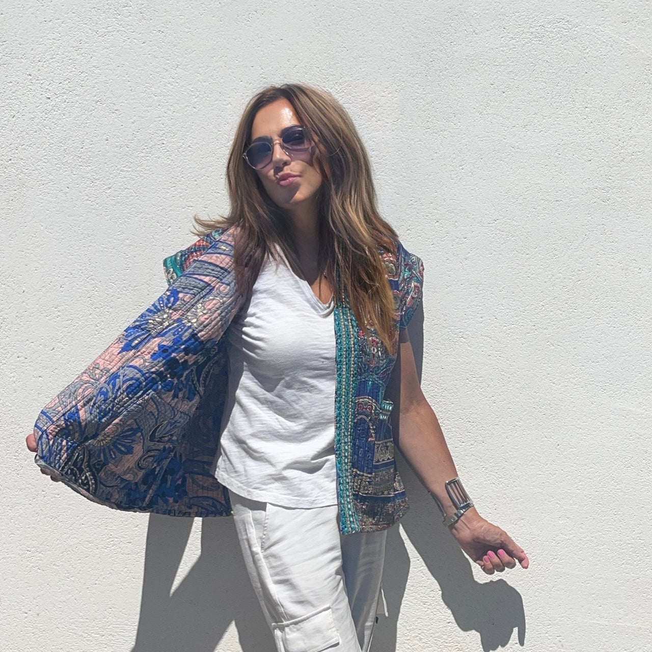 Chaleco Kantha Joya azul-rosa