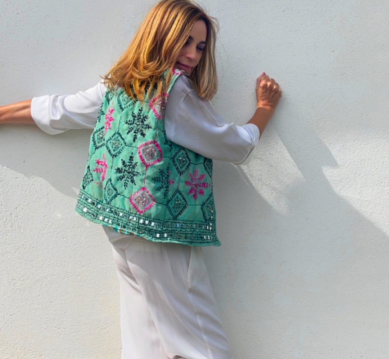 Chaleco Bordado reversible Turquesa