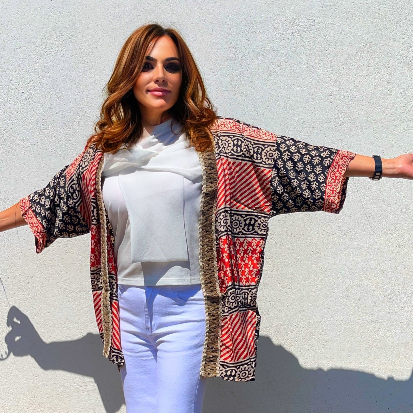 Kimono de SEDA Y YUTE Rojo y Negro