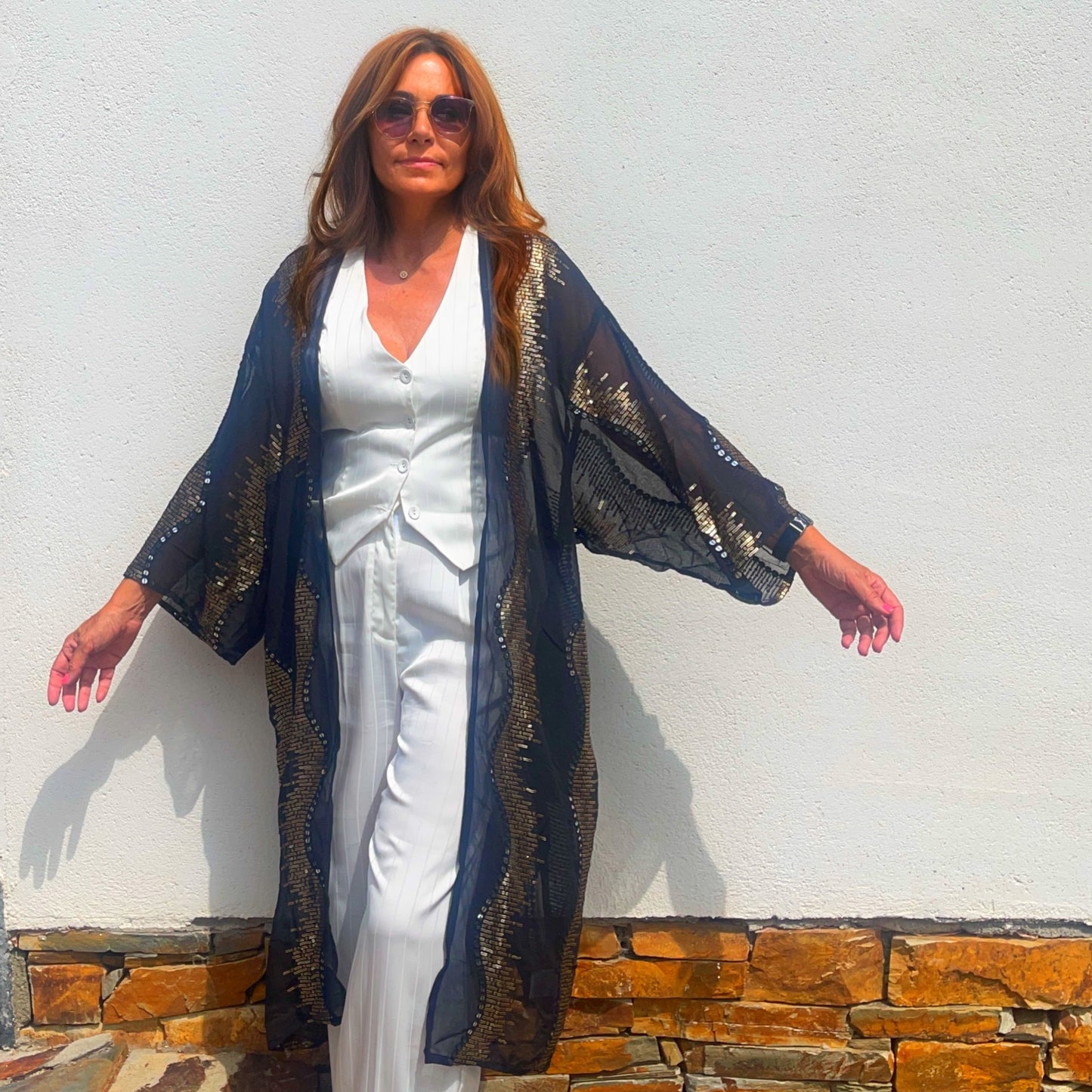 Kimono de seda joya negro