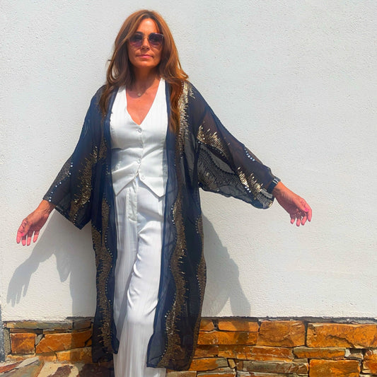 Kimono de seda joya negro